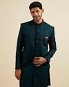 Teal Green Jaal Patterned Achkan Style Indo Western Set